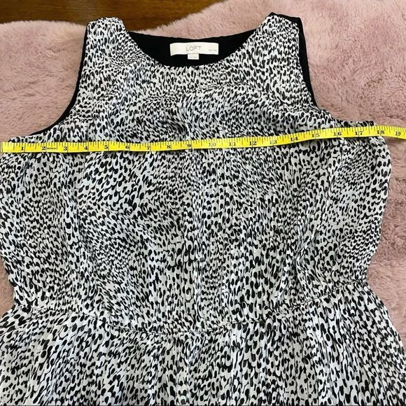 Ann Taylor Loft Black White Print Blouson Peplum Blouse Top sz MP Medium Petite - Picture 10 of 12